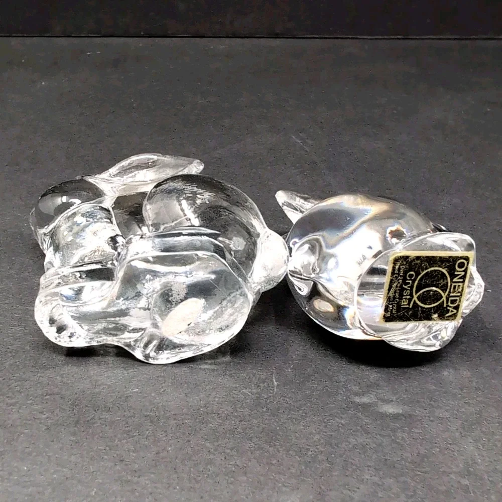 VTG Oneida Bunny Rabbit Figurines Set of 2 Lead Crystal Clear Hand Cut &‎ Blown